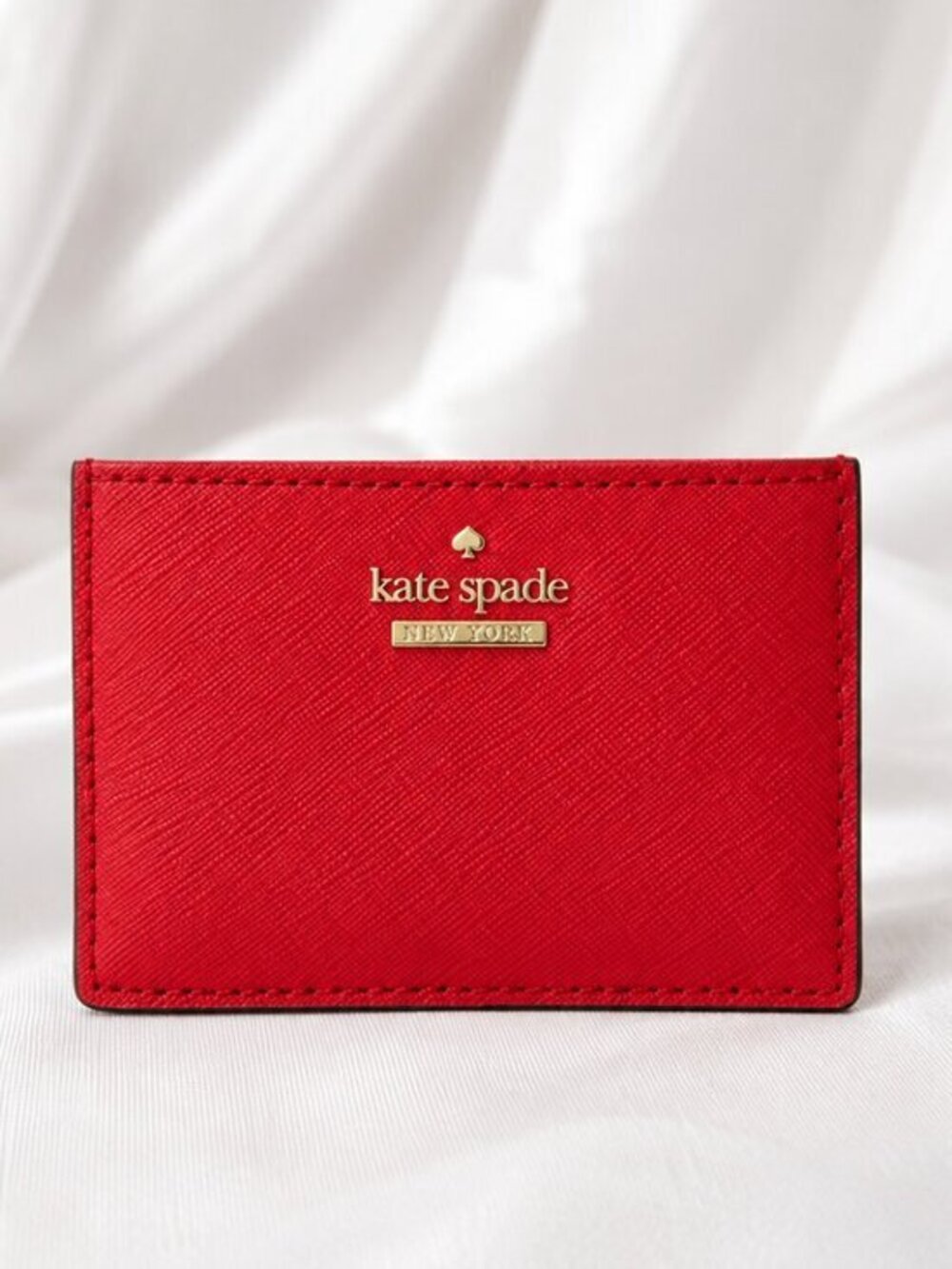 Kate Spade Card Holder Wallet Red Saffiano Leather Stripe Lined